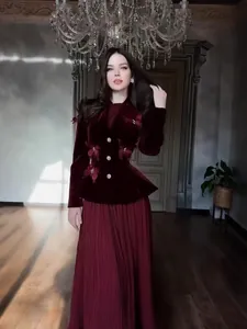 Elegant wine red velvet two-piece set with 3D butterfly appliqués and pleated skirt