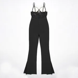 Full view of black Hepburn style bandage jumpsuit with lace bodice and flared leg details