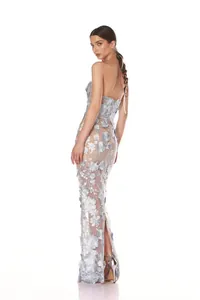 Elegant strapless long evening gown with 3D floral embroidery detail, back view on model