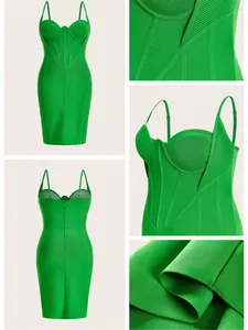 Detailed views of a green bandage midi dress featuring a corset bust and ribbed fabric texture.