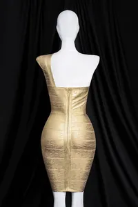 Back view of a shimmering gold one-shoulder bandage bodycon dress with zipper