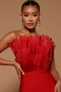 Detailed close-up showing the red ostrich feather bodice of a luxury bandage evening dress.
