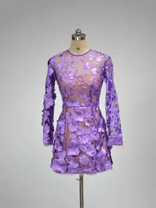 Elegant purple floral lace mini dress with long sleeves for formal evening banquets