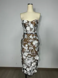 Elegant strapless mesh midi dress with 3D white floral embroidery for party and vacation