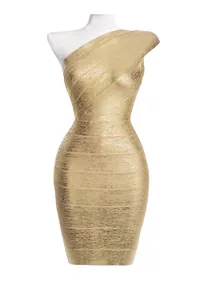 Close-up of golden metallic bandage dress with one-shoulder design and shimmery texture