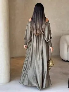 Elegant off-the-shoulder bronze maxi dress with balloon sleeves and metallic finish