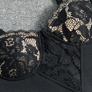 Close-up macro view showing exquisite black floral lace texture on elegant bandage dress