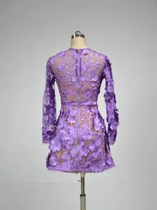 Elegant purple long-sleeved mini dress featuring 3D floral lace and exposed back zipper