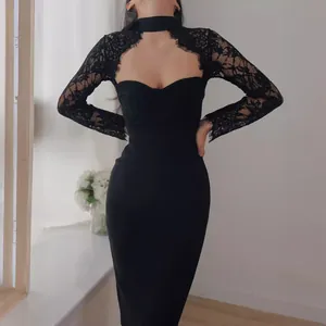 Women Sexy Halter Lace Mesh Patchwork Bandage Midi Dress Elegant Long Sleeve Bodycon Party Evening Dress Back Zipper