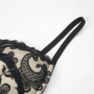 Close-up of delicate black floral lace embroidery on a beige slim fit jumpsuit detail