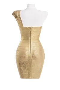Back detail of a sexy gold foil one-shoulder bandage bodycon dress for party wear