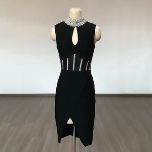 Elegant black bandage dress with rhinestone collar and mesh waist detail for women.