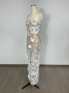 Elegant white 3D floral applique strapless maxi dress evening gown on mannequin