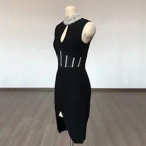 Elegant high neck black bandage dress with rhinestone collar and mesh waist detail.