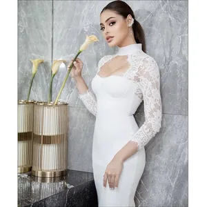 Elegant white lace long sleeve choker bandage dress for banquet or evening parties.