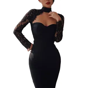 Elegant black halter tube top bandage dress with intricate lace long sleeves for banquets