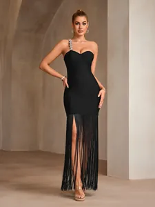 Elegant black one-shoulder bandage dress with rhinestone chain and long fringe detail