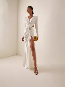 French Style V-Neck Long Sleeve Cut-Out Evening Maxi Dress With Slit And Rhinestone Buckle Top And Bottom