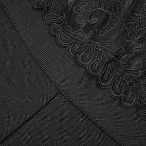 Detailed view of the intricate black floral lace and high-stretch ribbed bandage fabric.