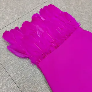 Close-up of magenta bandage dress featuring luxurious ostrich feather trim on the neckline.