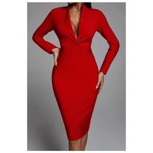 Elegant Deep V-Neck Long Sleeve Bandage Dress Sexy Bodycon Ruched Waist Party Banquet Midi Dress For Women Clubwear