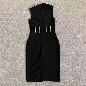 Rear view of sleek black high neck bandage dress featuring rhinestone mesh cutout waist