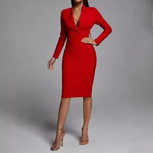 Elegant red long sleeve bandage dress with sexy deep V-neck for formal evening parties
