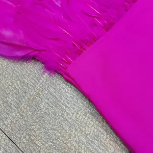 Detailed close-up showing fuchsia ostrich feathers and ribbed bandage dress material
