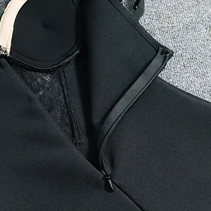 Detailed view of the high-quality back zipper and lace stitching on a black bandage dress.