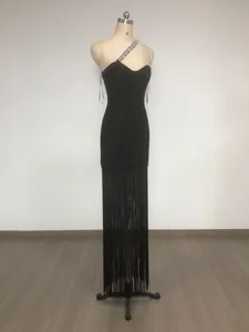 Elegant one-shoulder black bandage cocktail dress with rhinestone chain and long fringe tassels