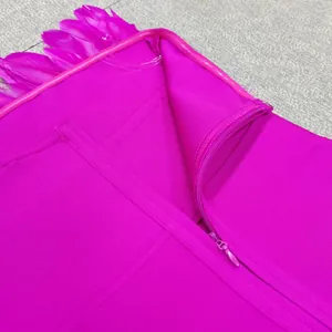 Close-up detail of fuchsia bandage dress featuring hidden zipper and pink ostrich feathers
