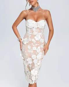 Detailed view of an elegant white strapless 3D floral lace bodycon evening midi dress