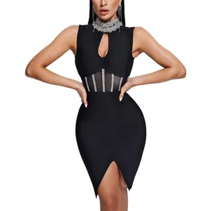 Elegant black high neck bandage dress with mesh rhinestone waist and front slit