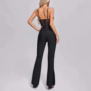 Elegant slim fit black lace bandage jumpsuit with flared legs shown from the back view