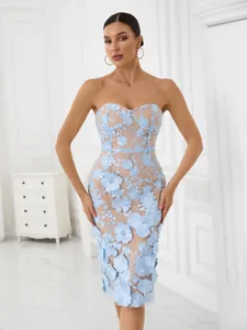 Detail of elegant light blue 3D floral lace strapless midi dress with slim fit design