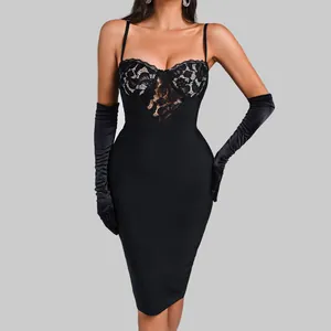 Women Sexy Lace Patchwork Bandage Midi Dress Elegant Spaghetti Strap Backless Bodycon Party Dress With Gloves Evening Celebrity Vestido