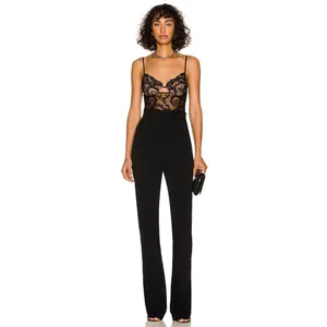 Elegant black lace bodice jumpsuit with slim fit trousers and corset detail for women