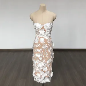 Elegant strapless white midi dress with 3D floral lace appliques for cocktail parties