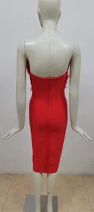Back view of a red strapless bandage midi dress with ostrich feather trim