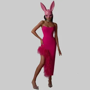 Sexy Strapless Ostrich Feather Maxi Dress For Women Irregular Slit Bodycon Bandage Dress Elegant Evening Party Formal Gown