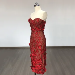 Detail of red strapless bodycon dress with 3D floral lace appliques.