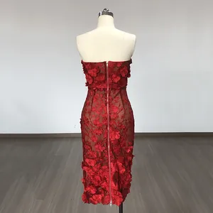 Detail of a red lace bodycon dress with 3D floral appliques and a long back zipper.