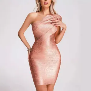 Rose gold shimmering one-shoulder bandage bodycon cocktail dress for formal evening party