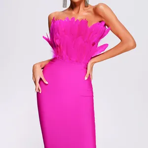 Women Elegant Off Shoulder Ostrich Feather Bandage Midi Dress Slim Fit Bodycon Party Evening Dress Polyester Strapless Dress