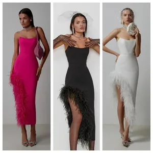 Elegant strapless ostrich feather evening dress with irregular high slit in three colors