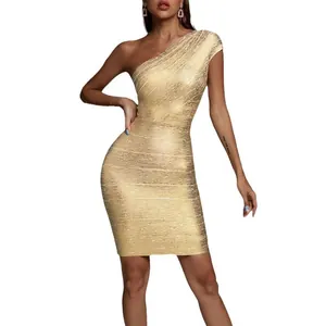 Elegant gold metallic one-shoulder bandage bodycon evening dress for women