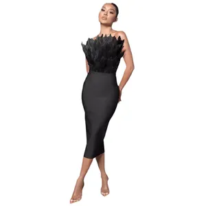 Elegant black strapless ostrich feather bandage midi dress for women's evening gala.