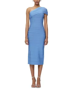 Elegant light blue one-shoulder bandage bodycon midi dress for formal evening parties