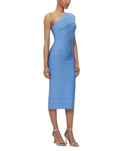 Detailed view of light blue one-shoulder bandage bodycon dress for evening parties