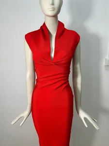 Front view detail of a red sleeveless deep V-neck bandage dress with ruched waist